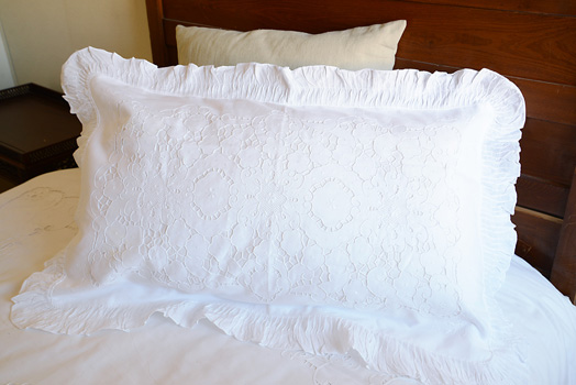 Victorian Hand Embroidered Sham 3" Ruffled Border. King Size